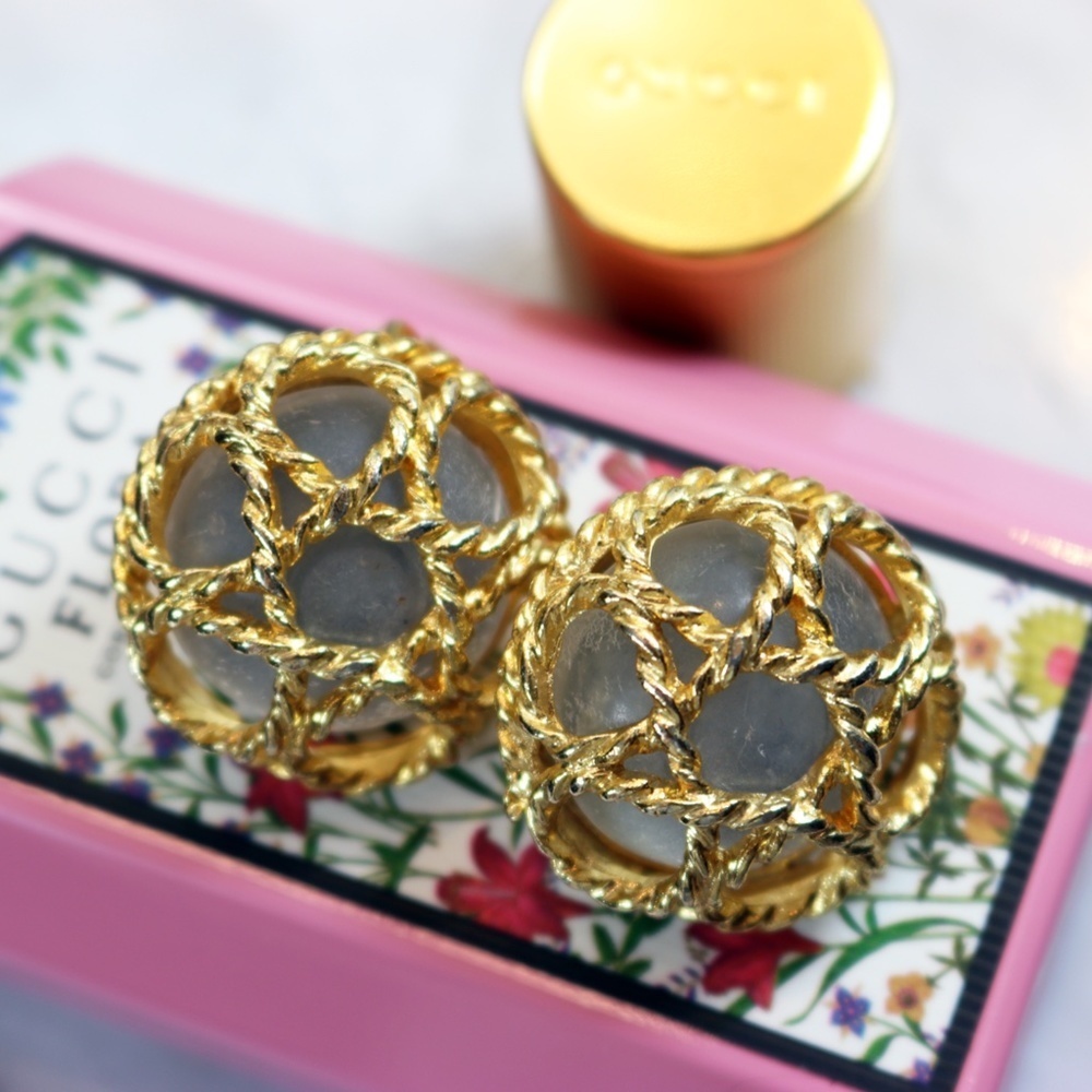 ⚜️ Vintage Paolo Gucci Gold Stars with Caged Moon Stone Earrings - Picture 5 of 16